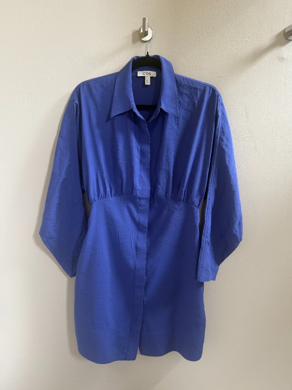 COS Gathered Waist Mini Shirt Dress in Cobalt Blue